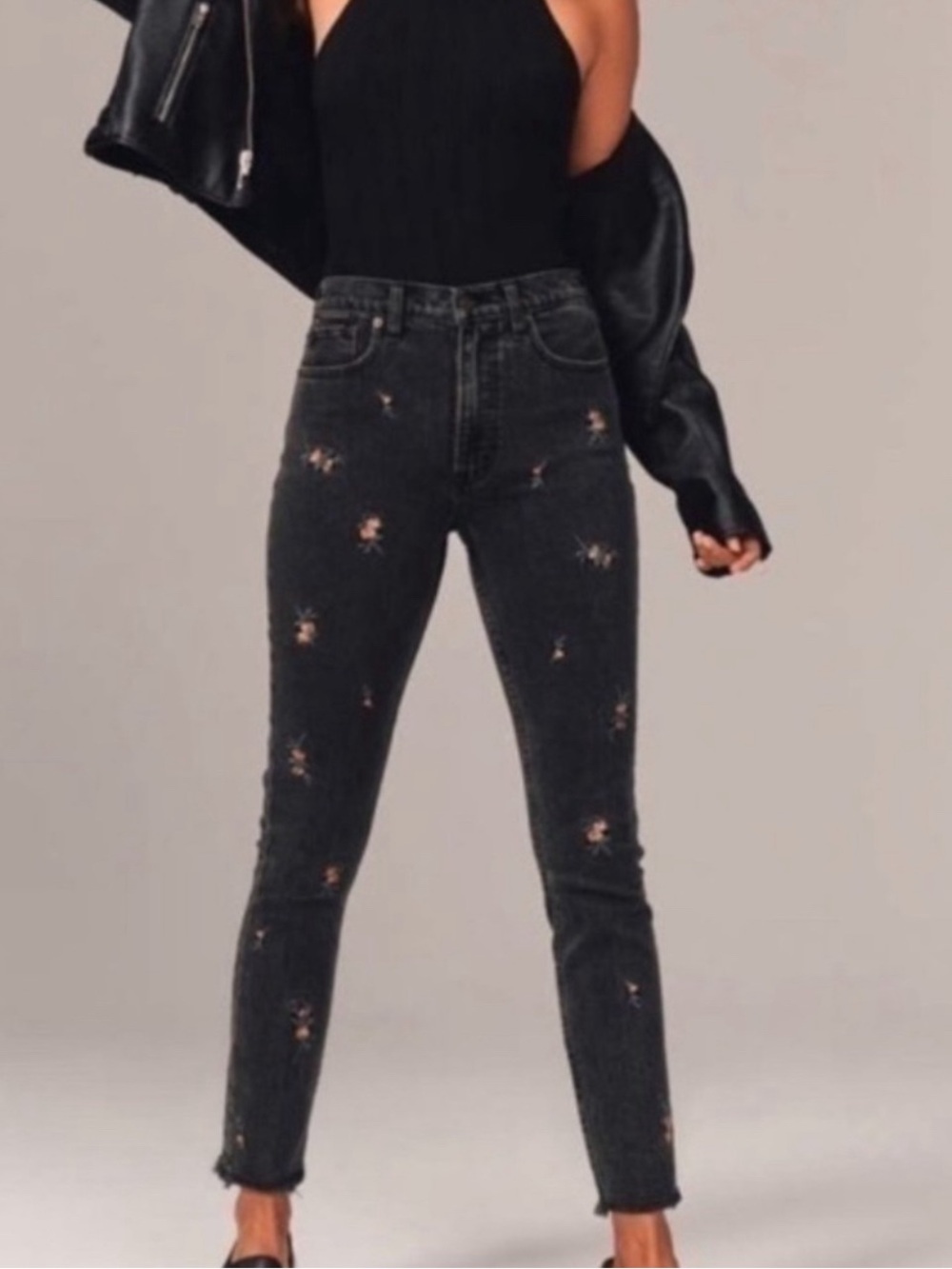 Abercrombie & Fitch Rise Super Skinny Ankle Embroidered Floral Black Wash Jeans - Picture 11 of 11